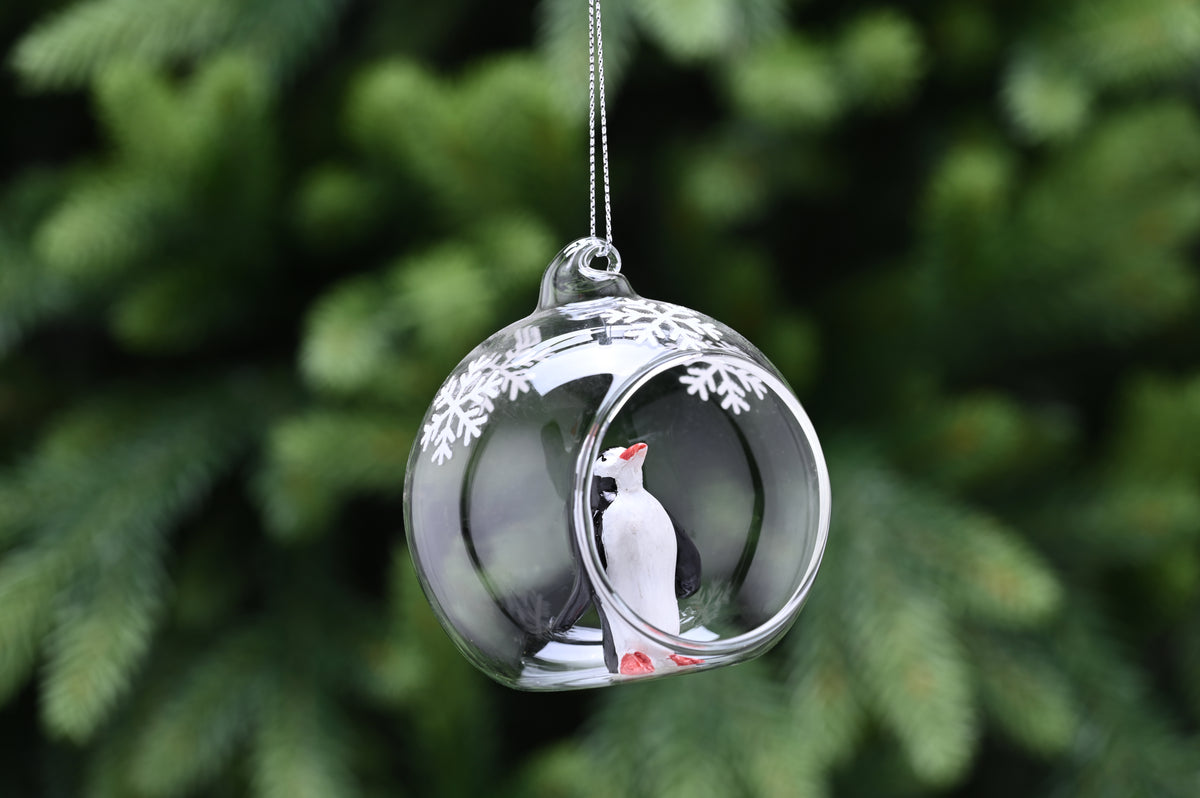 Clear Glass Open Bauble with Penguin - 8cm