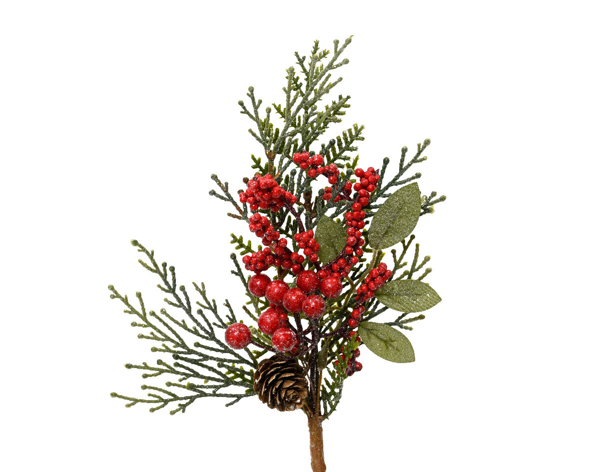 Frosted Mini Red Berry Pick with Pinecone  - 26cm