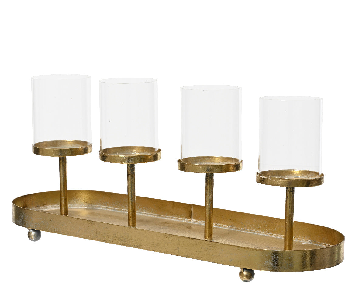 Golden Metal Antique Style Glass 4 Candleholder Tray