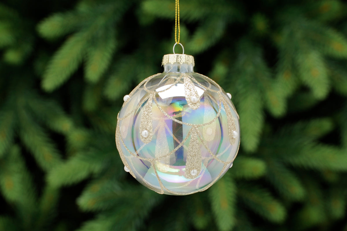 Iridescent Glass Ball Bauble with Glitter Scallop - 8cm
