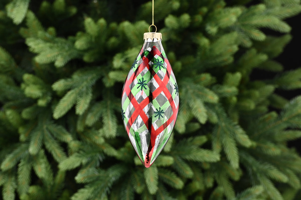 Clear Glass Drop Bauble with Red and Green Pattern - 17cm