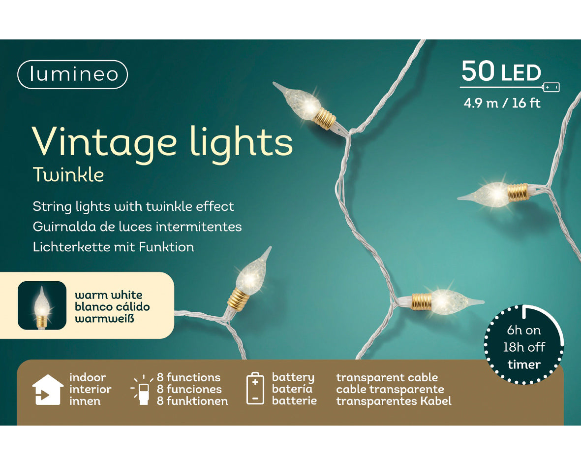 Warm White LED Battery Operated Twinkle Vintage Lights with Transparent Cable - 50 LEDs