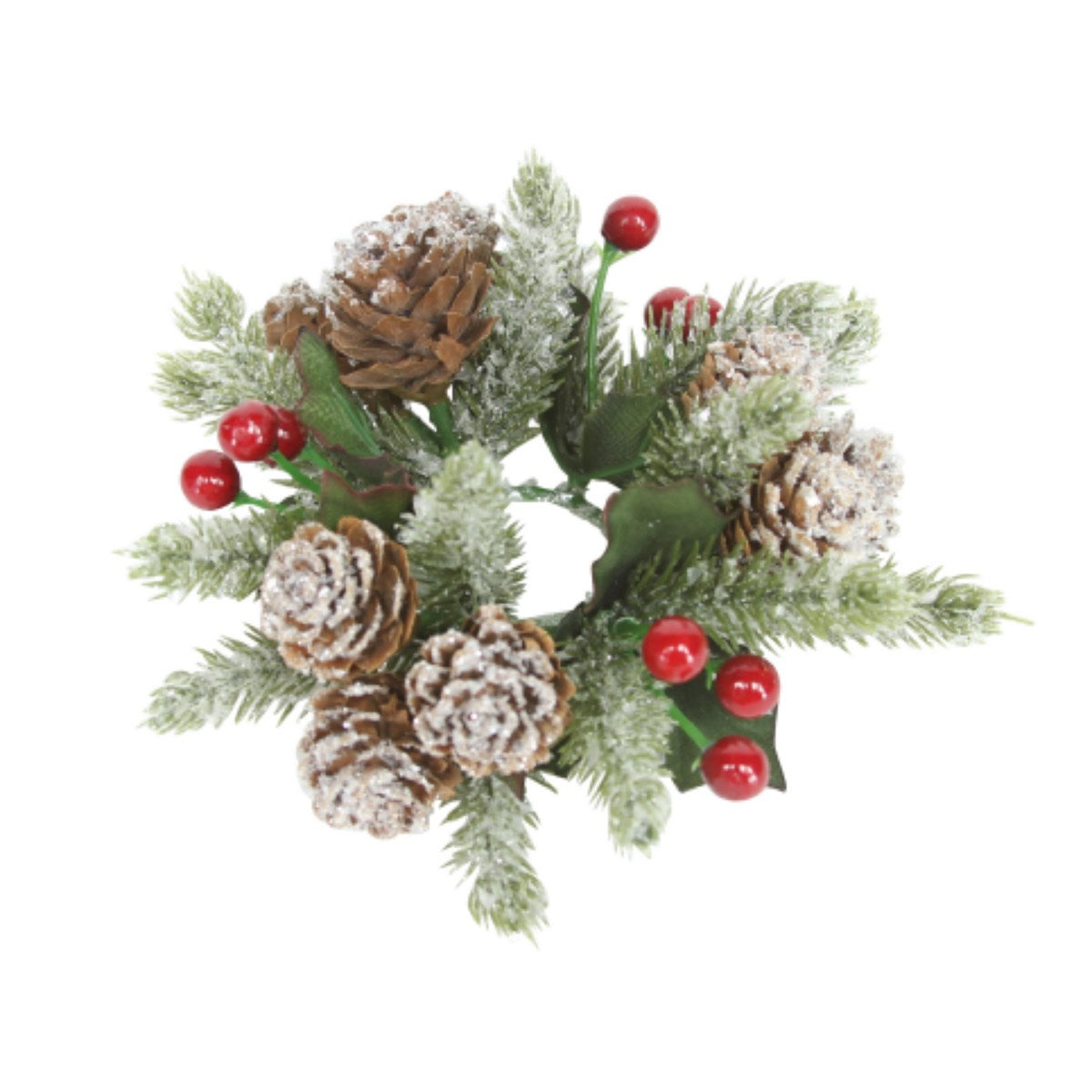 Gisela Graham - Snowy Cones Fir Red Berries Acrylic Candle Ring - 11.5cm
