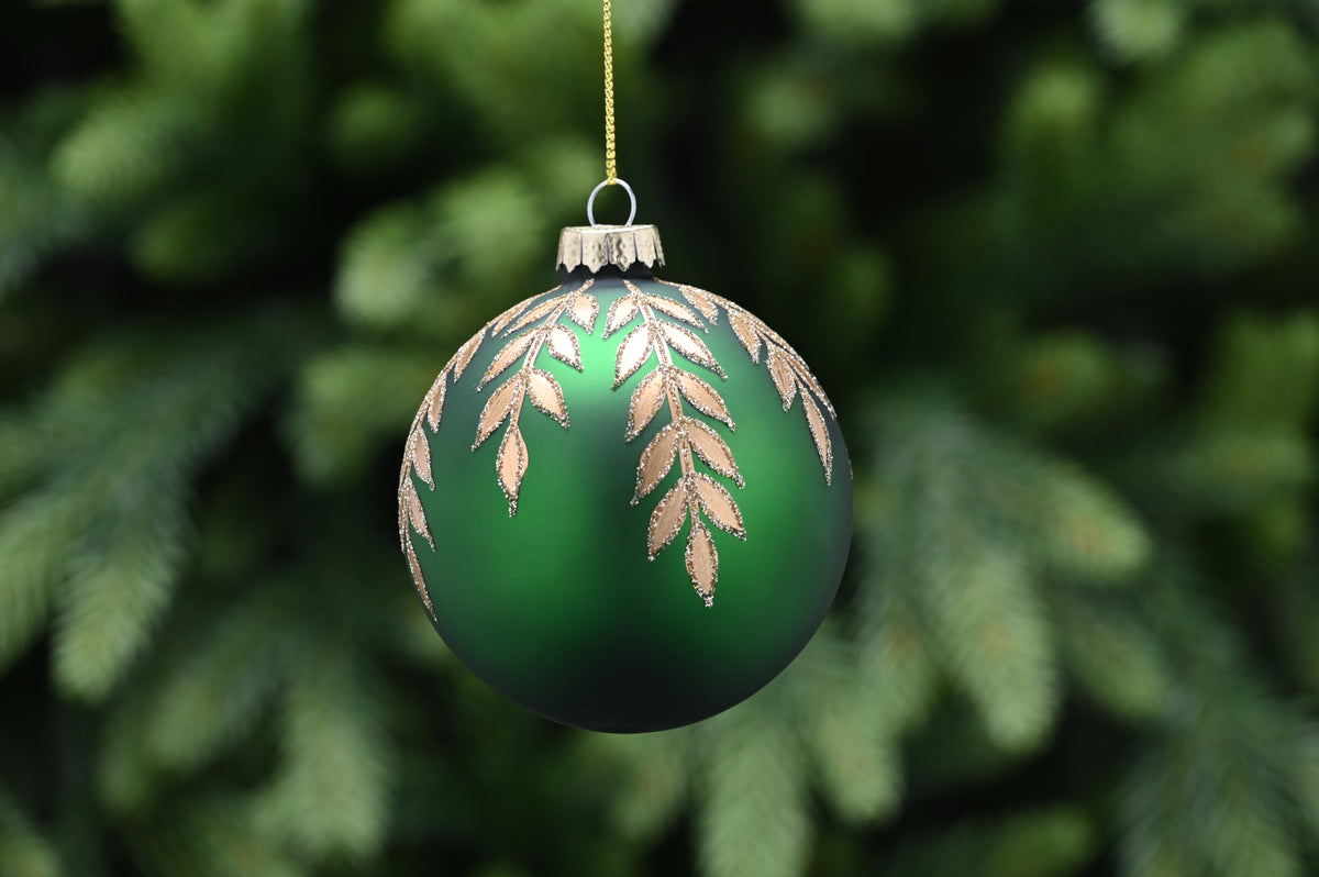 Matt Green Glass Bauble with Matt Gold Glitter Leaf - 8cm