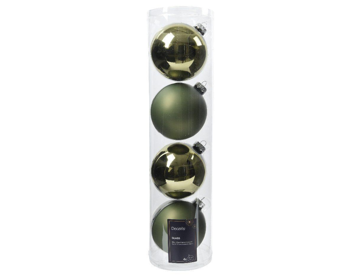 Large Rosemary Green Glass Shiny & Matte Baubles 10cm - Box of 4