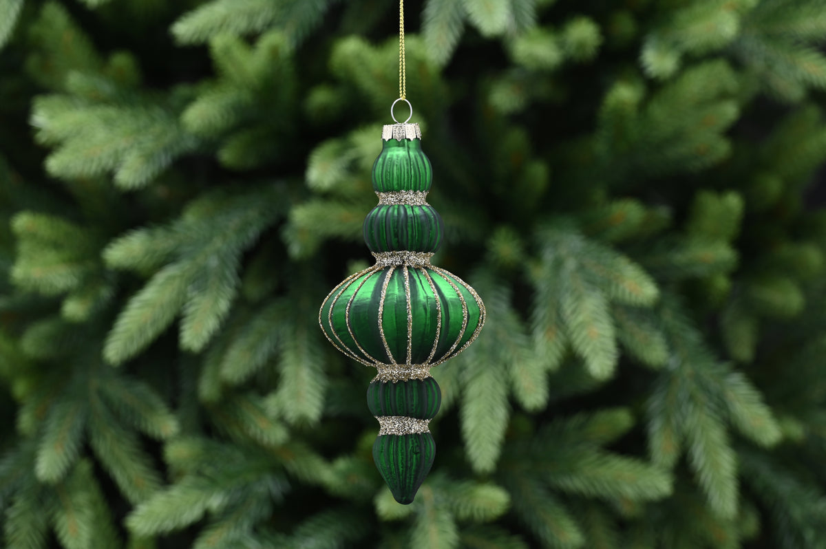 Matt Green Glass Finial Christmas Bauble with Gold Glitter - 13cm