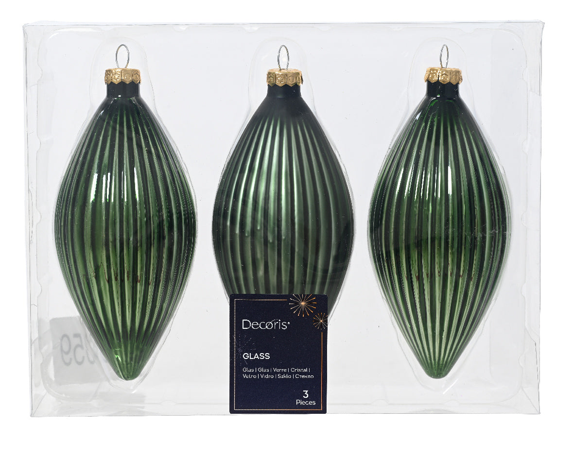 Pine Green Matt & Shiny Olive Ribbed Glass Baubles - Pack of 3