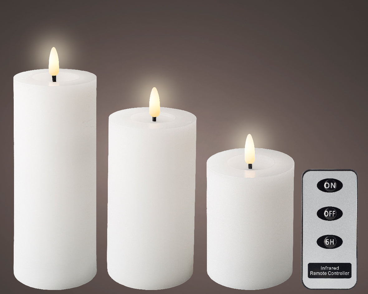 Set of 3 LED White Wax Candles with Flame Effect & Remote Control