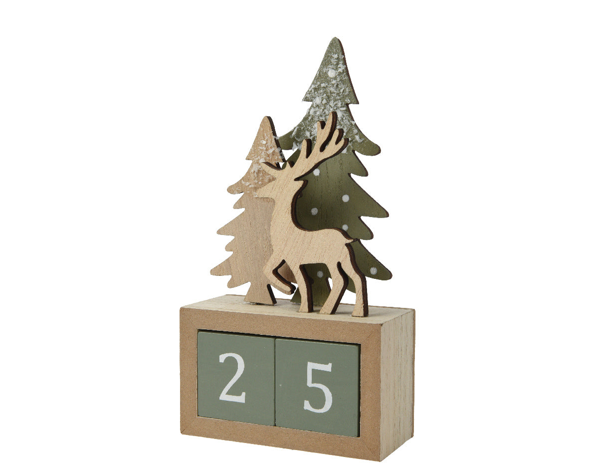 Sage Green Wooden Calendar Countdown with Trees and Reindeer
