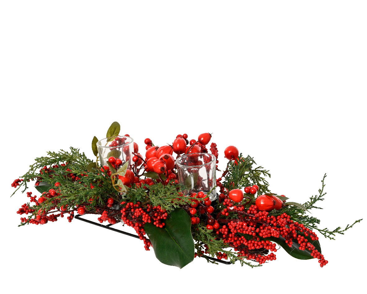 Big Red Berry Tablepiece 2 Tealight Candle Holder