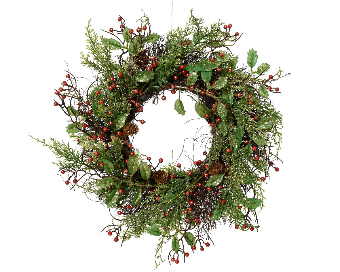 Glitter Wreath with Red Berries & Pine Cones - 40cm