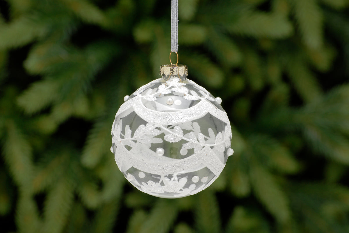 Clear Glass Christmas Bauble with White Bead Leaf - 8cm
