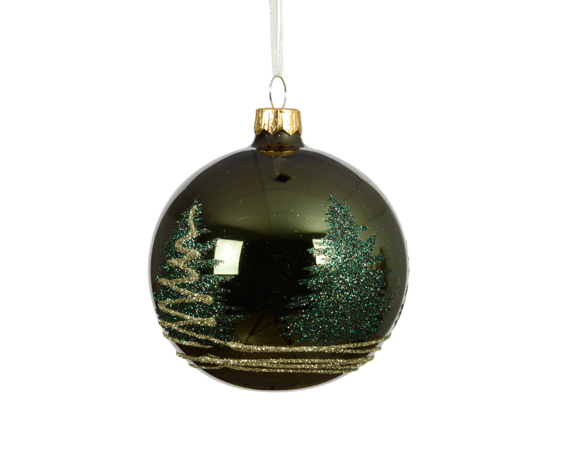 Pine Green Glass Christmas Tree Bauble with Glitter