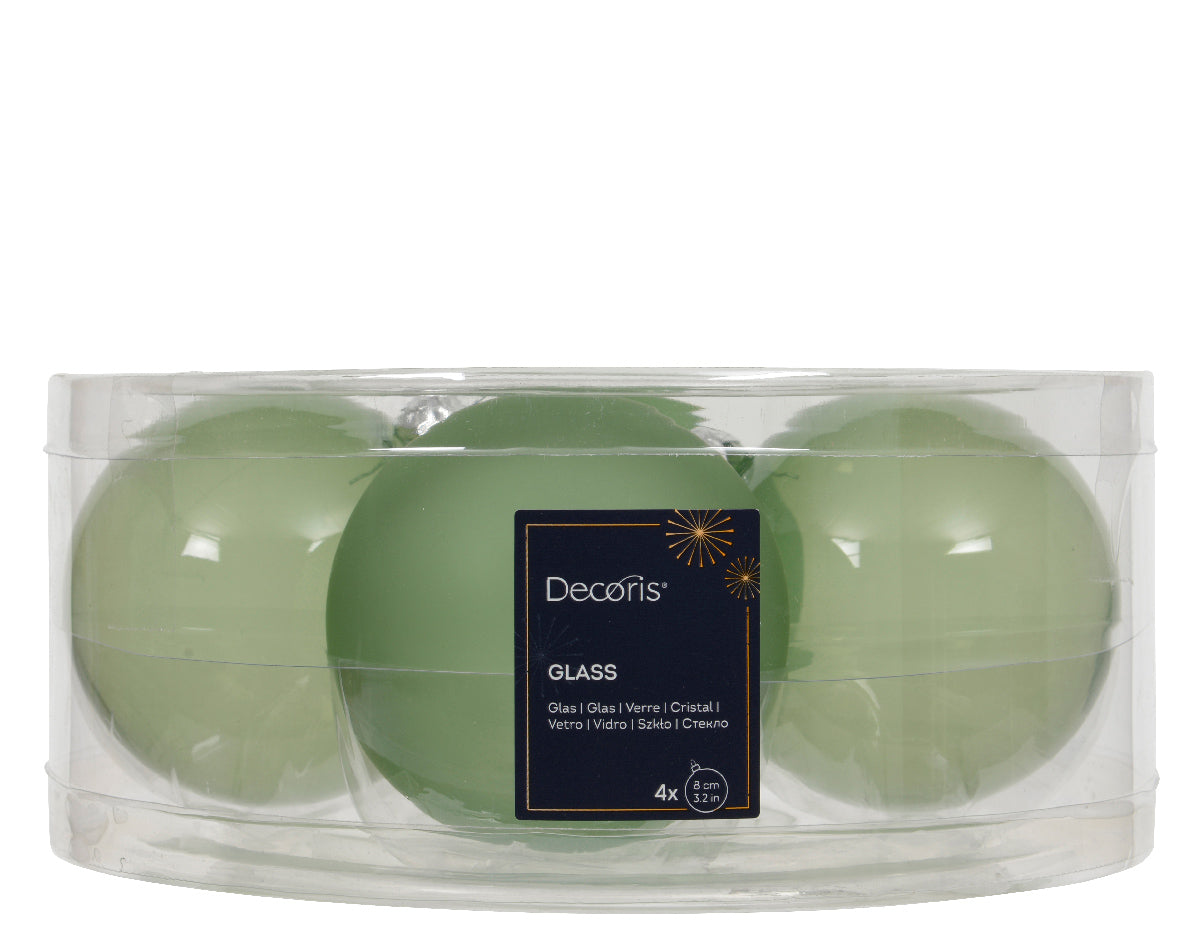 Matcha Green Glass Transparent Shiny & Matte Baubles 8cm  - Box of 4