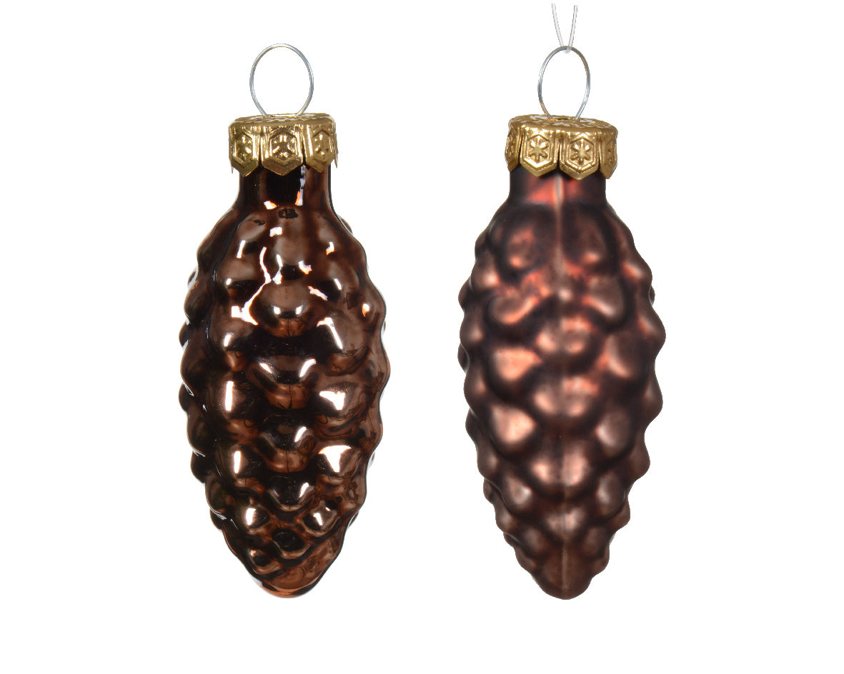 Espresso Glass Small Pinecone Baubles with Matt & Shiny Finish - Pack of 12