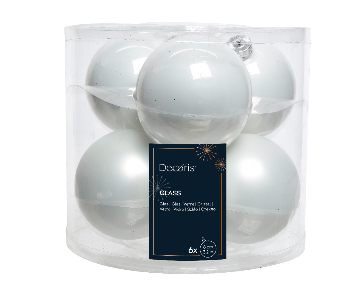 Winter White Mixed 8cm Glass Baubles - Tube of 6 8cm