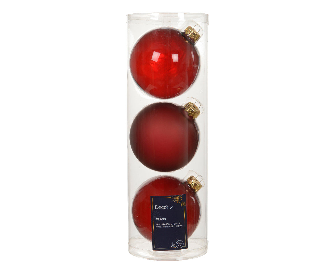 Large Oxblood Red Transparent Glass Baubles Shiny & Matte 10cm - Box of 3