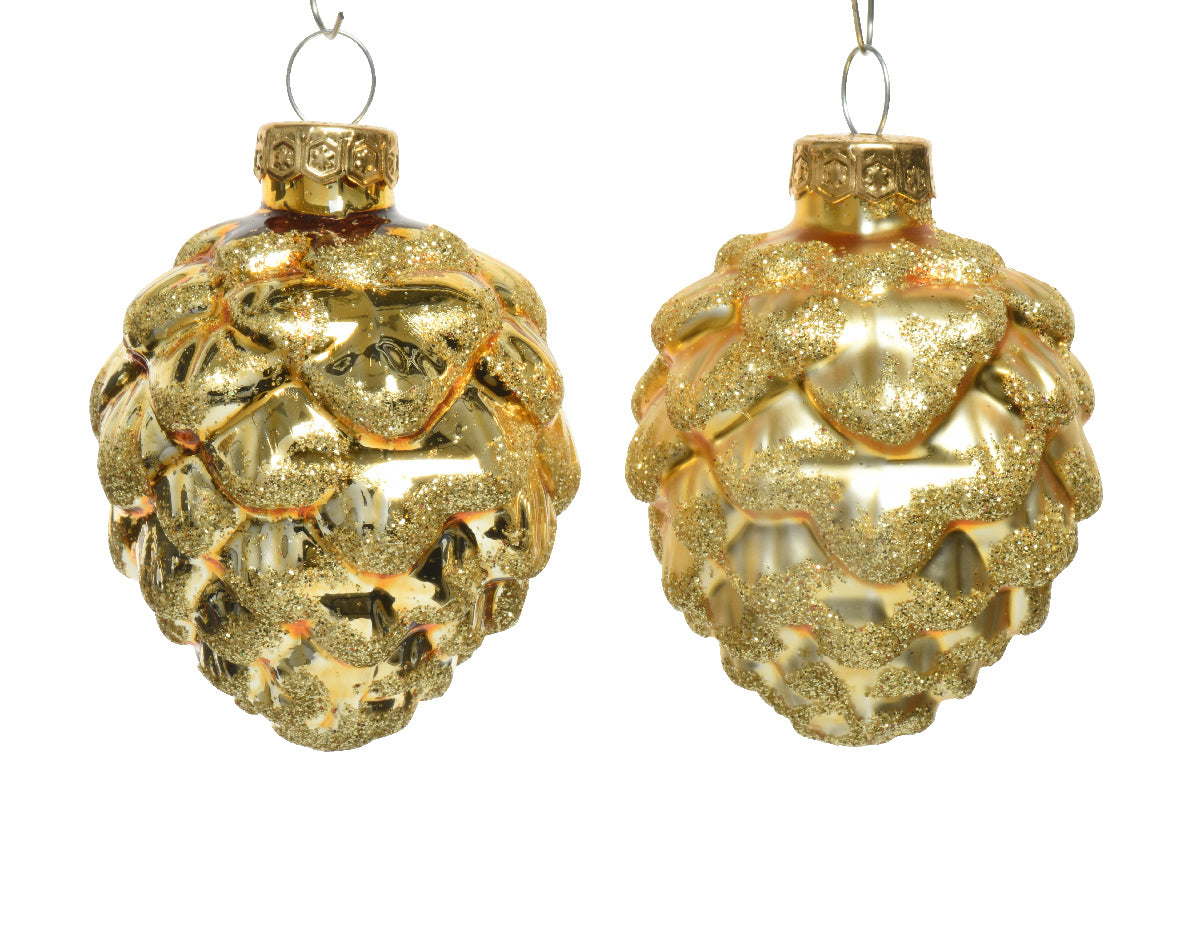 Light Gold Glass Shiny and Matte Pinecone Baubles - Tube of 6