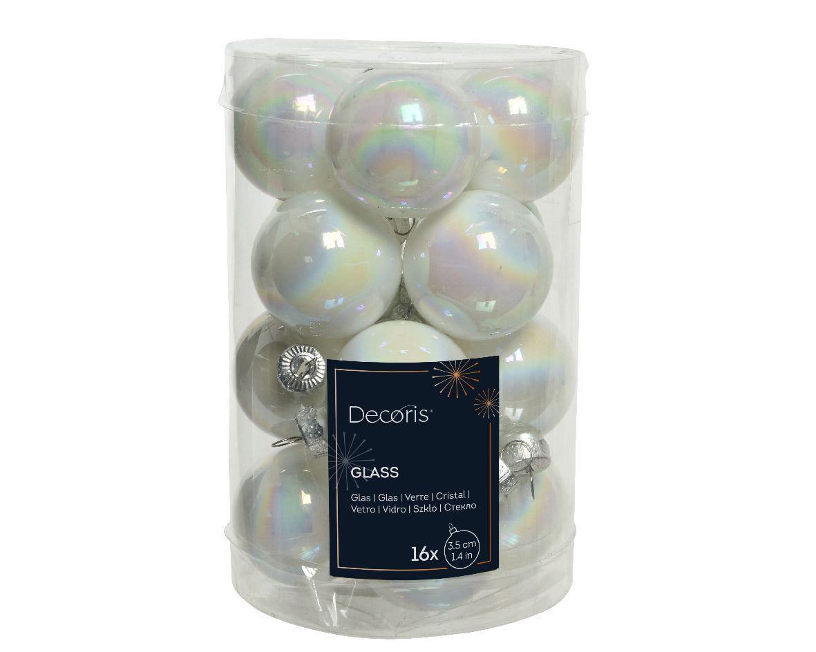 Set of 16 Matt and Shiny White Iridescent Glass Baubles - 3.5cm
