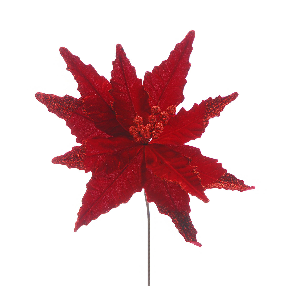 Festive Red Poinsettia Stem with Red Glitter - 51cm