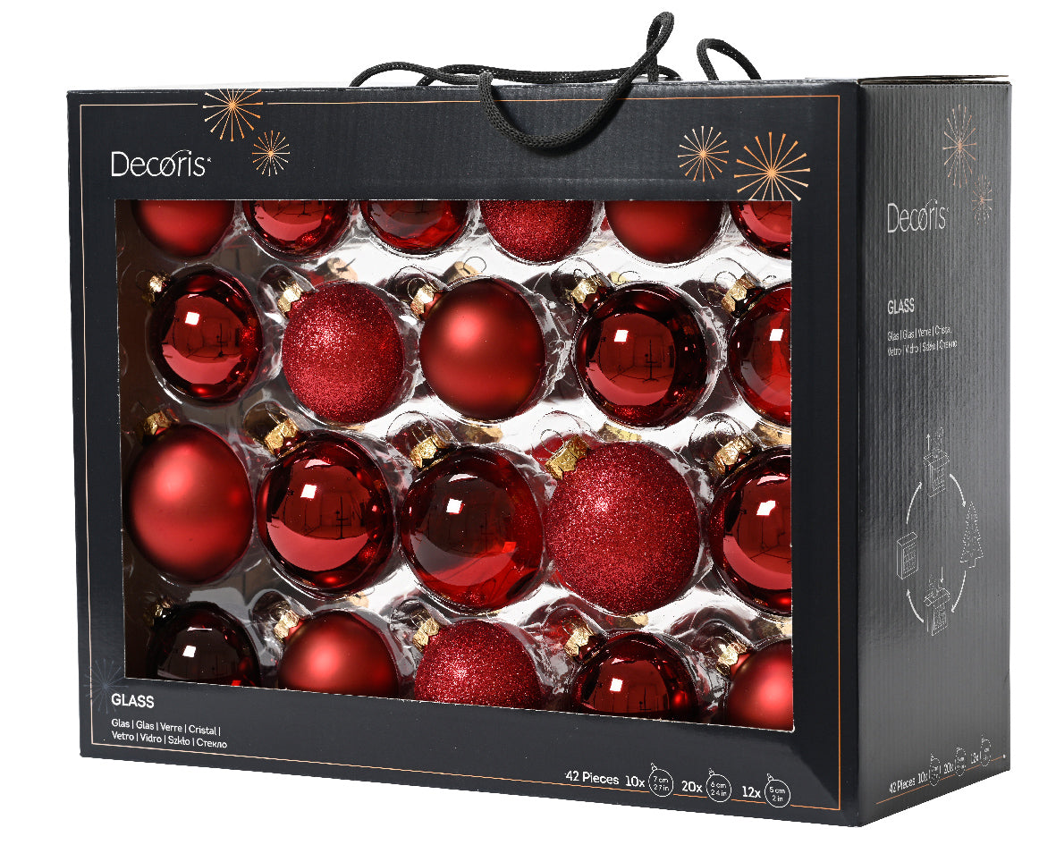 Oxblood Dark Red Assorted Size Glass Baubles in Shiny, Matt & Glitter Mix - Box of 42
