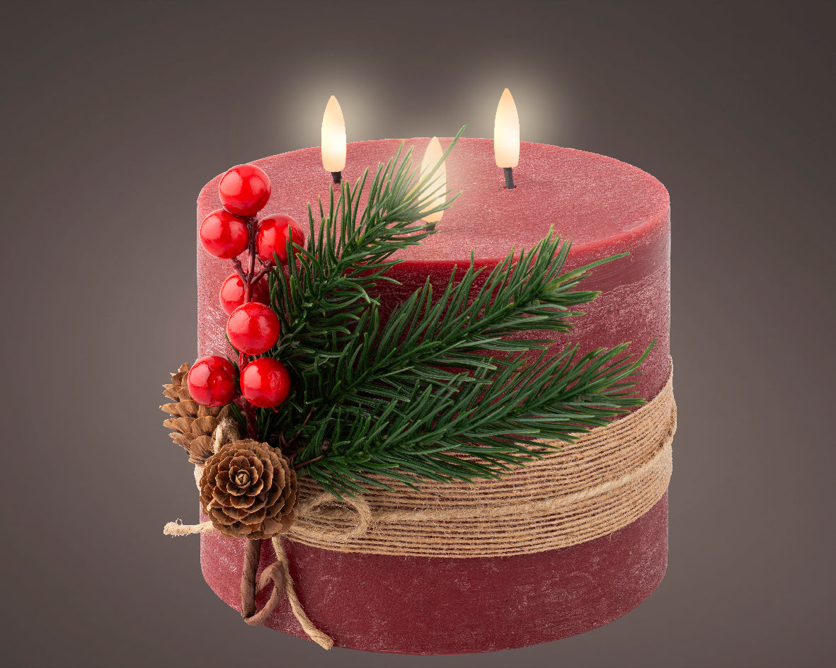 Large Light Up Oxblood Red 3 Wick Wax Candle with Berries & Jute Ribbon - 15cm