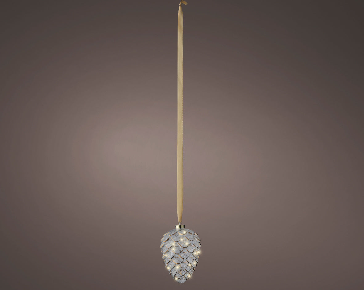 Micro LED Warm White Glass Pinecone with Gold Ribbon Hanger  - 14cm 15 LEDs