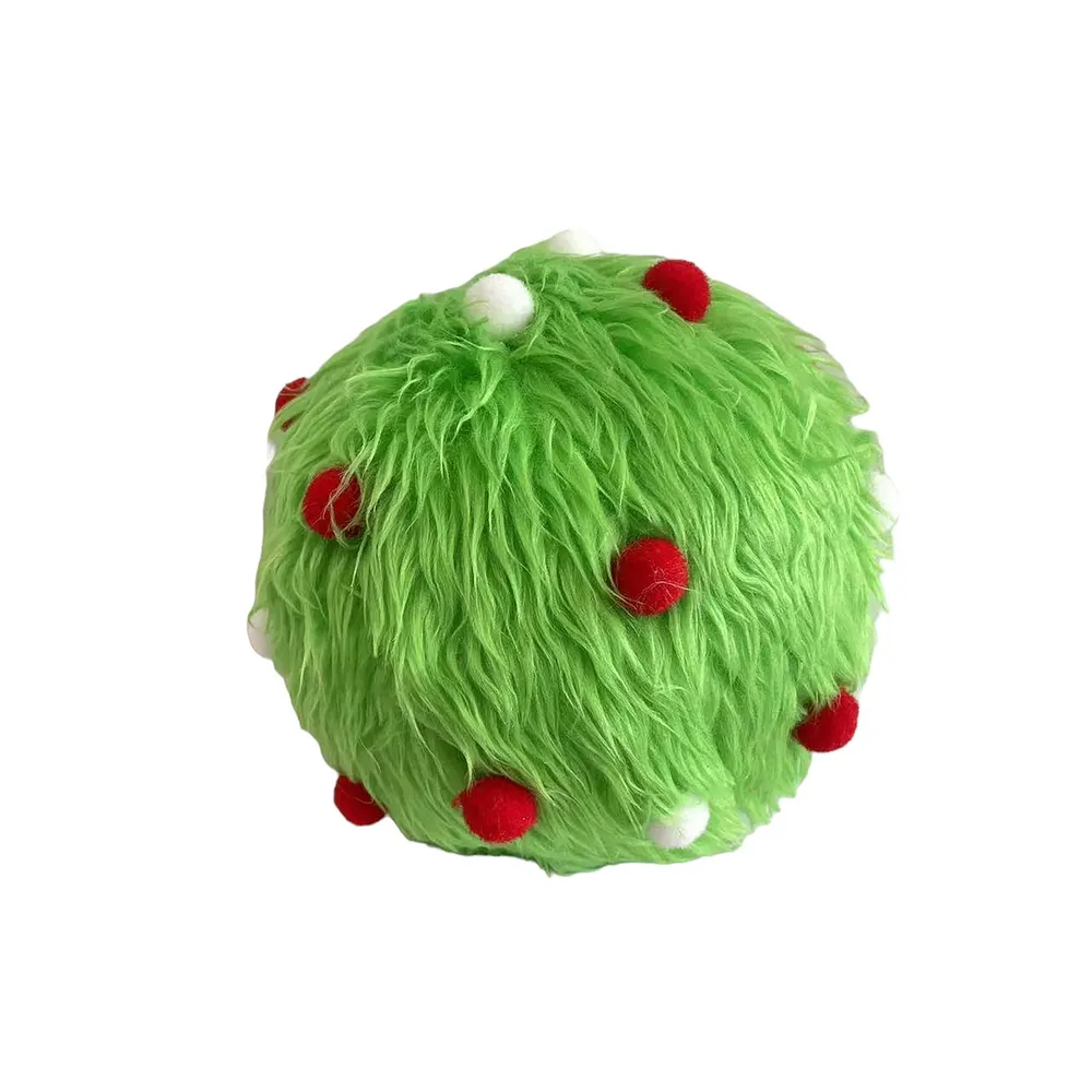 I Stole Christmas Furry Green Bauble - Lime Green with Red & White Pom Poms - 10cm
