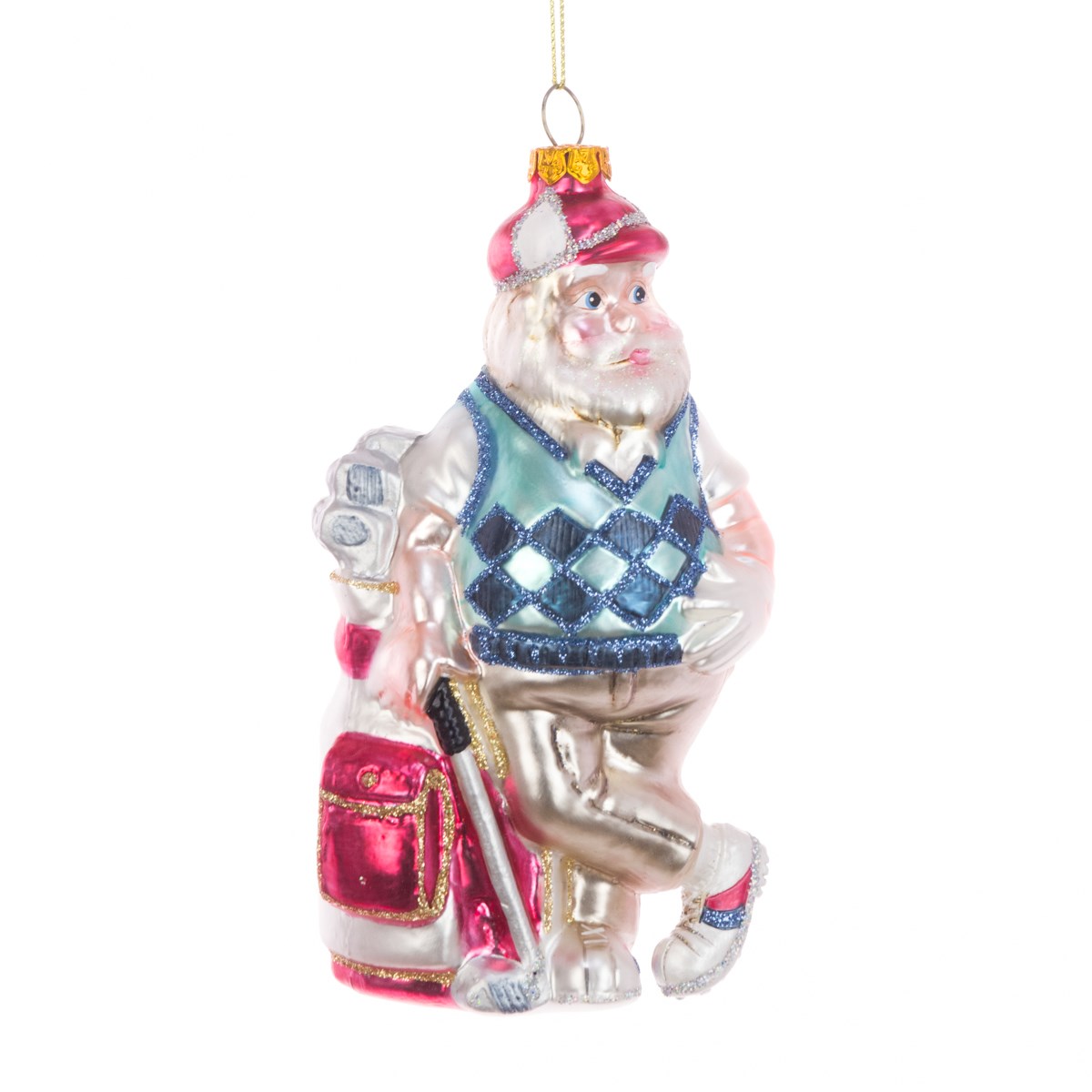 Glass Santa Playing Golf Christmas Bauble 16cm