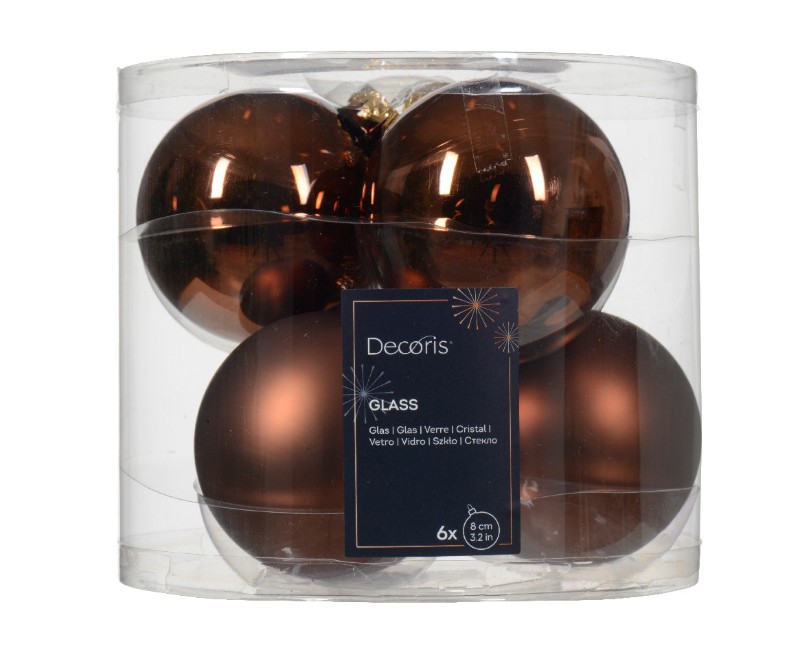 Espresso Brown Mixed Matt & Shiny 8cm Glass Baubles - Tube of 6