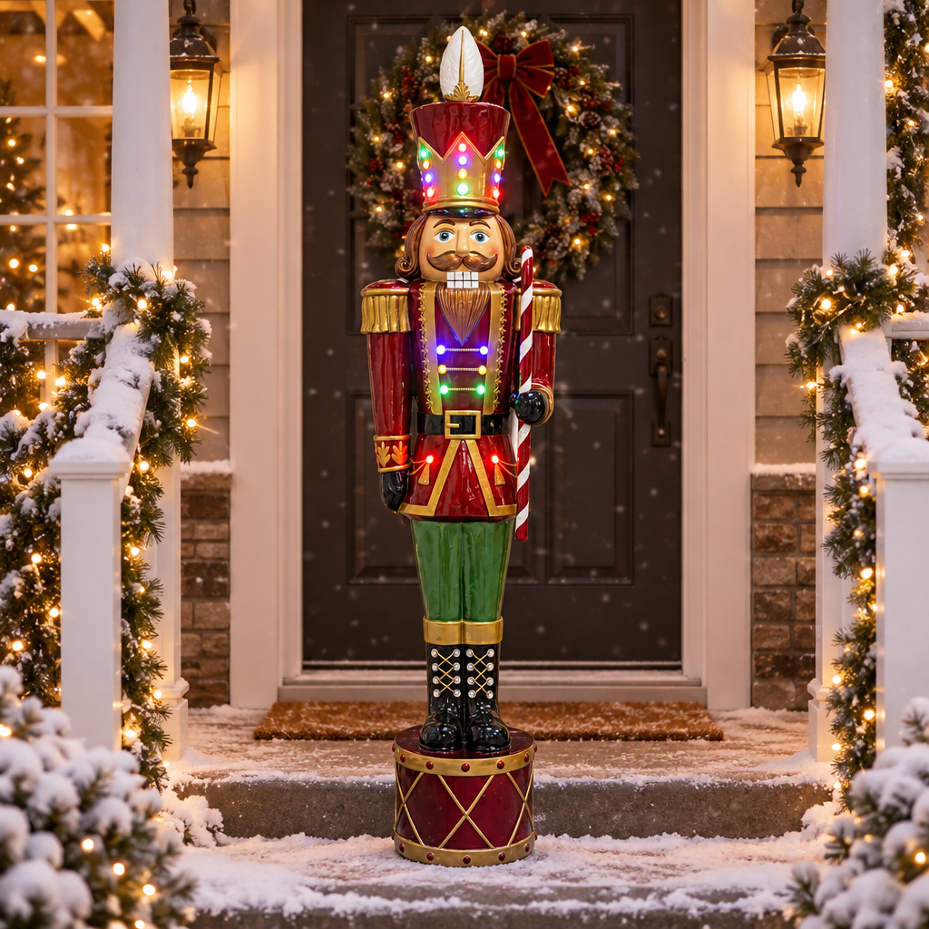 X-Large Outdoor Light Up LED Nutcracker with Candy Cane on Drum - 152cm