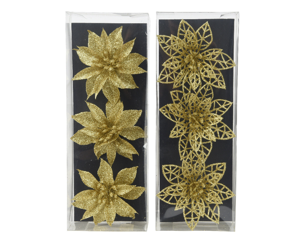 Clip On Light Gold Flower Head with Glitter Finish - Box of 3