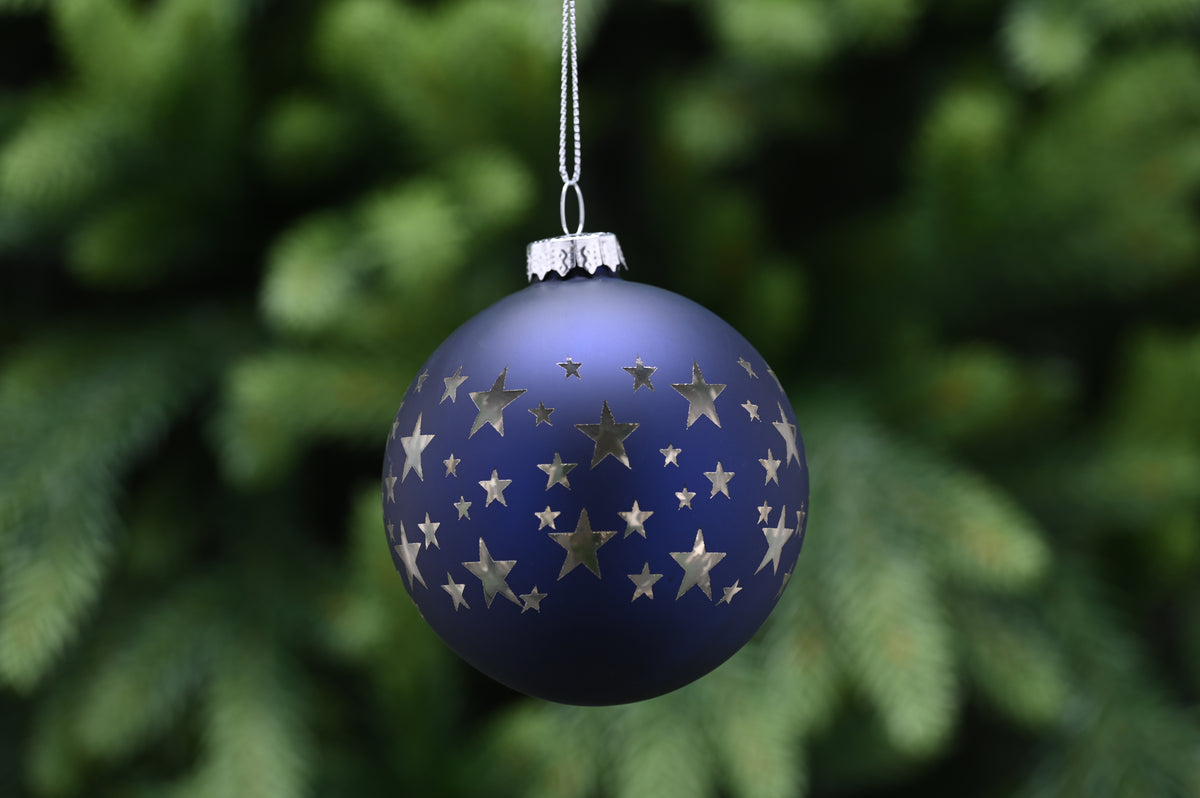 Matt Midnight Blue Glass Christmas Bauble with Silver Stars - 8cm