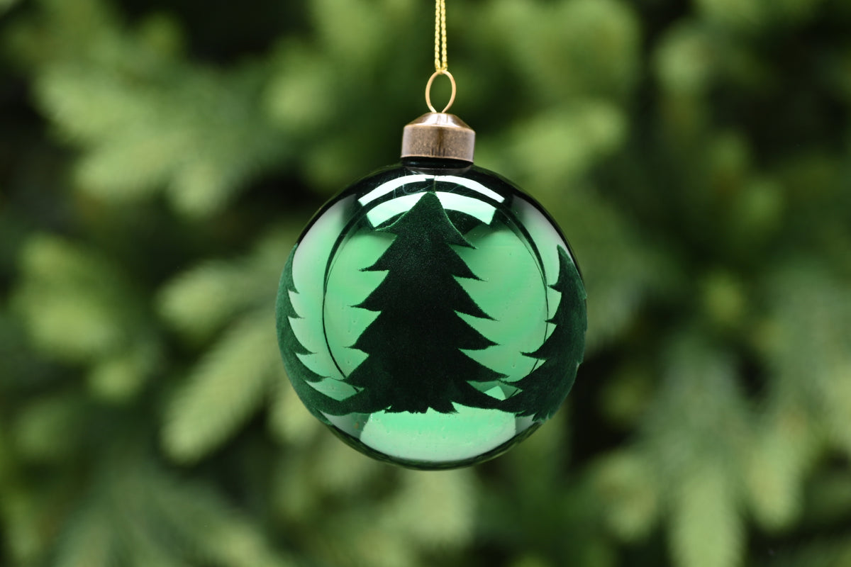 Shiny Green Glass Bauble with Christmas Tree Design - 8cm