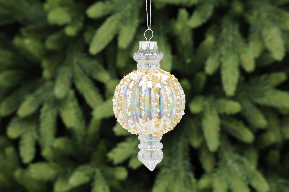 White Glass Finial Shape Bauble with White & Gold Glitter - 13cm