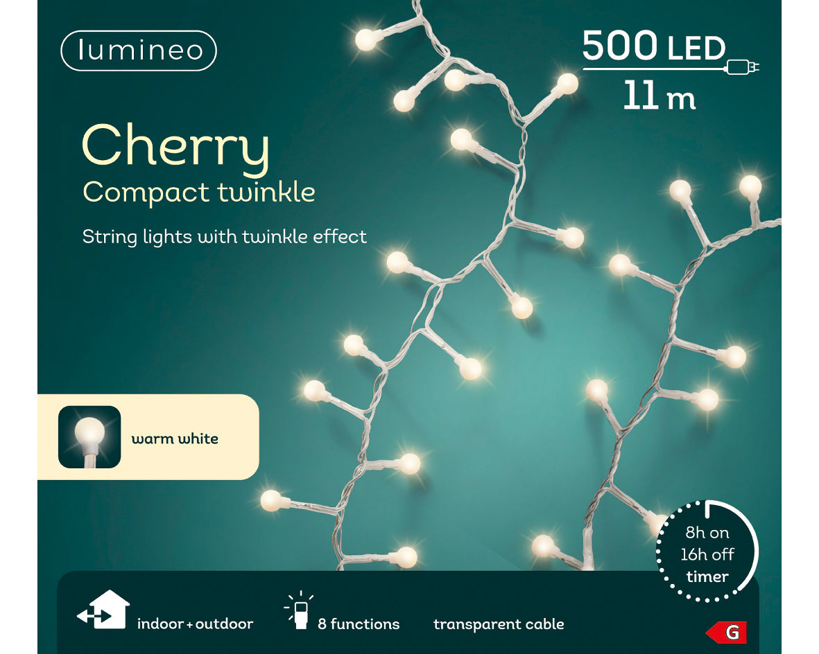 Warm White LED Cherry Compact Twinkle Outdoor Lights with 11m Transparent Cable - 500 LEDs