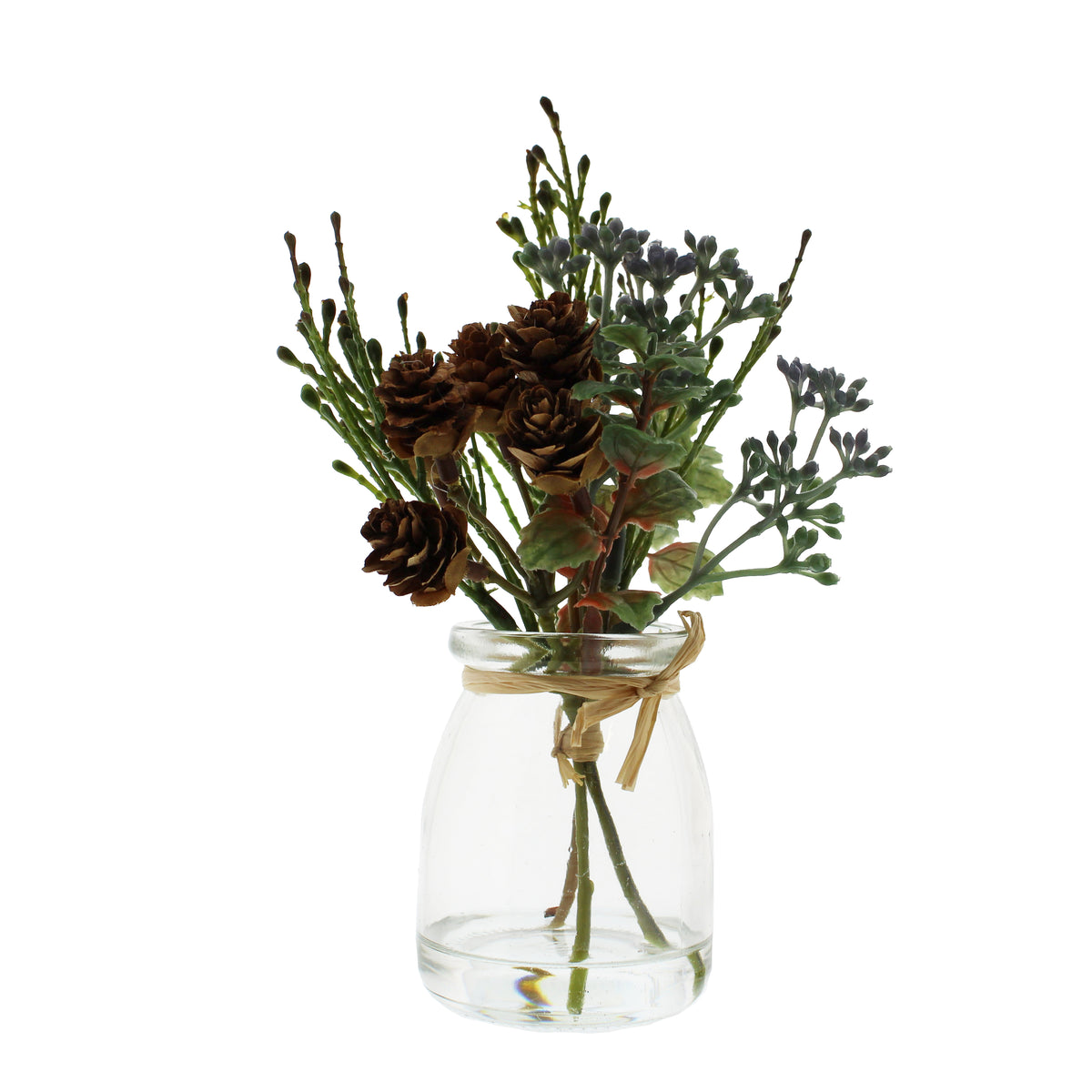 Mixed Green Foliage and Cones In Glass Vase