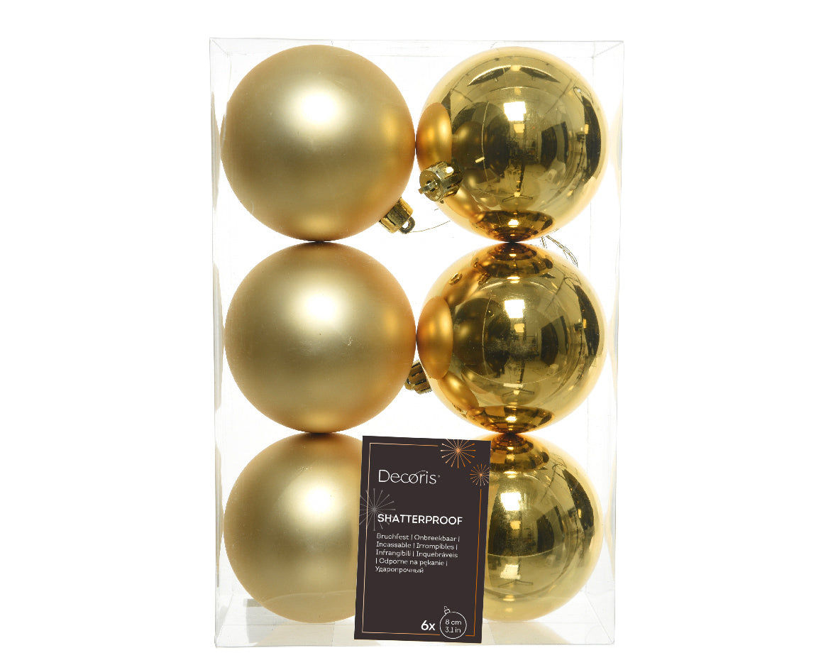Light Gold Shatterproof Shiny & Matt Christmas Baubles Set - 8cm - Box of 6