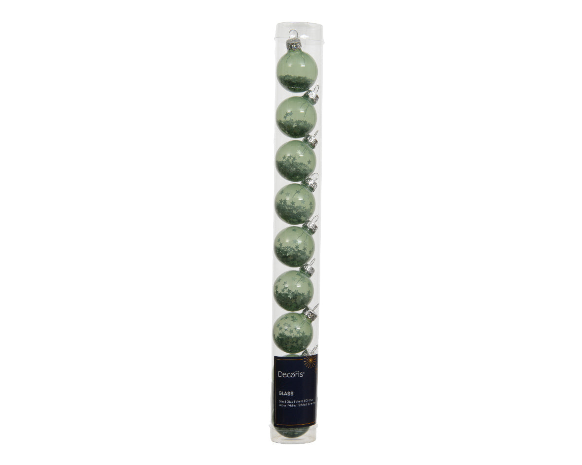 Matcha Green Glass Transparent Baubles with Star Sequins - Tube of 9