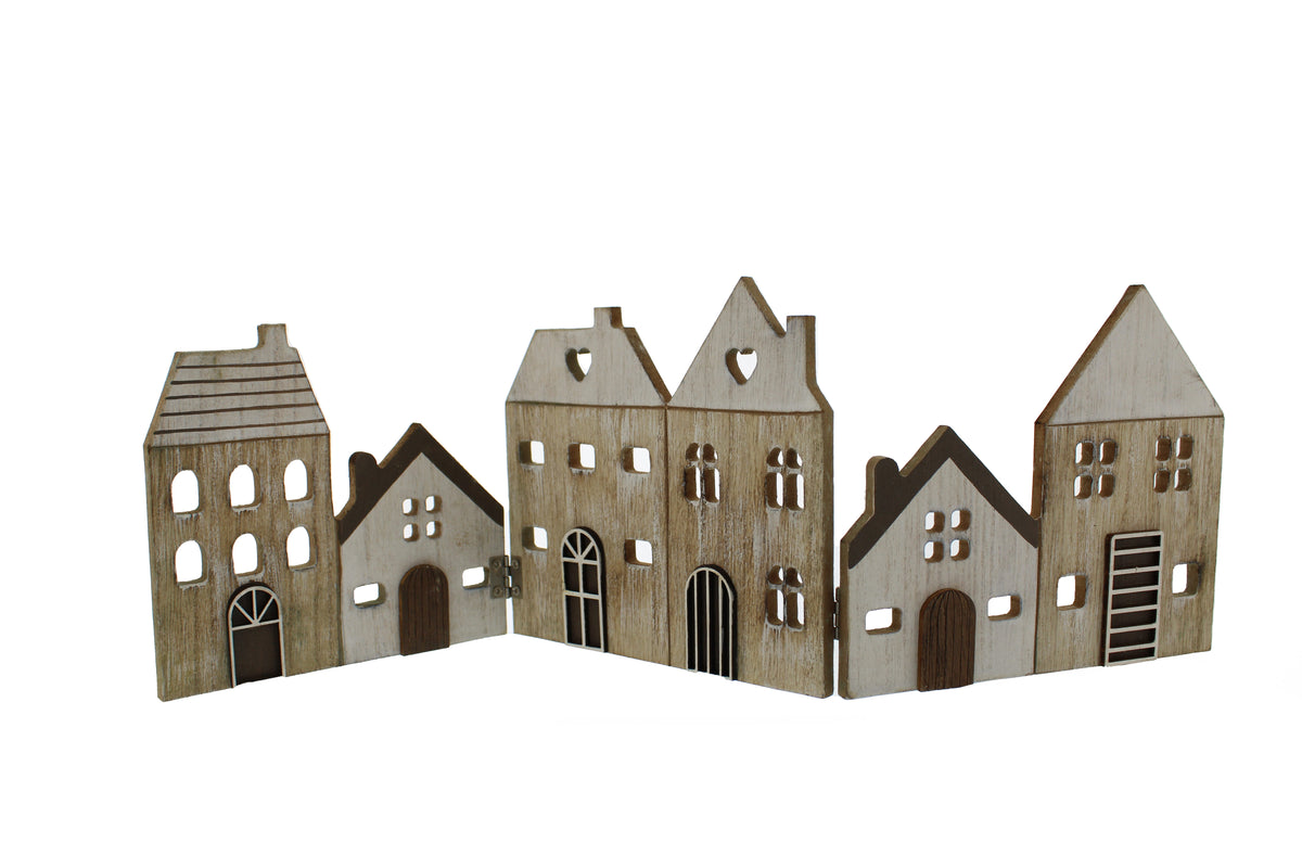 Natural & White Wooden Hinged Row of Christmas Houses