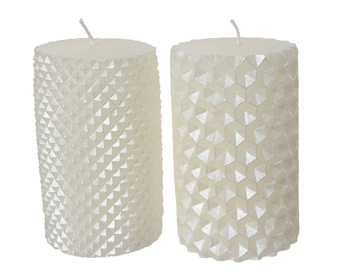 Winter White Gift Wrapped Metallic Pillar Candle