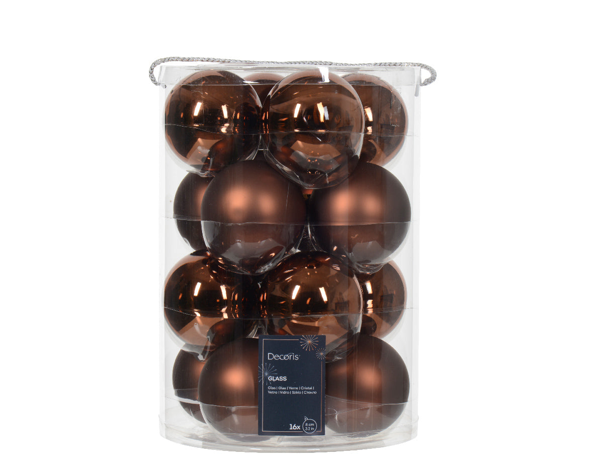 Espresso 8cm Glass Baubles in Matt & Shiny Finish - Tube of 16