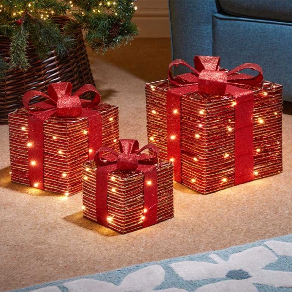RedGold Braid Light Up Faux Gift Boxes - Set of 3