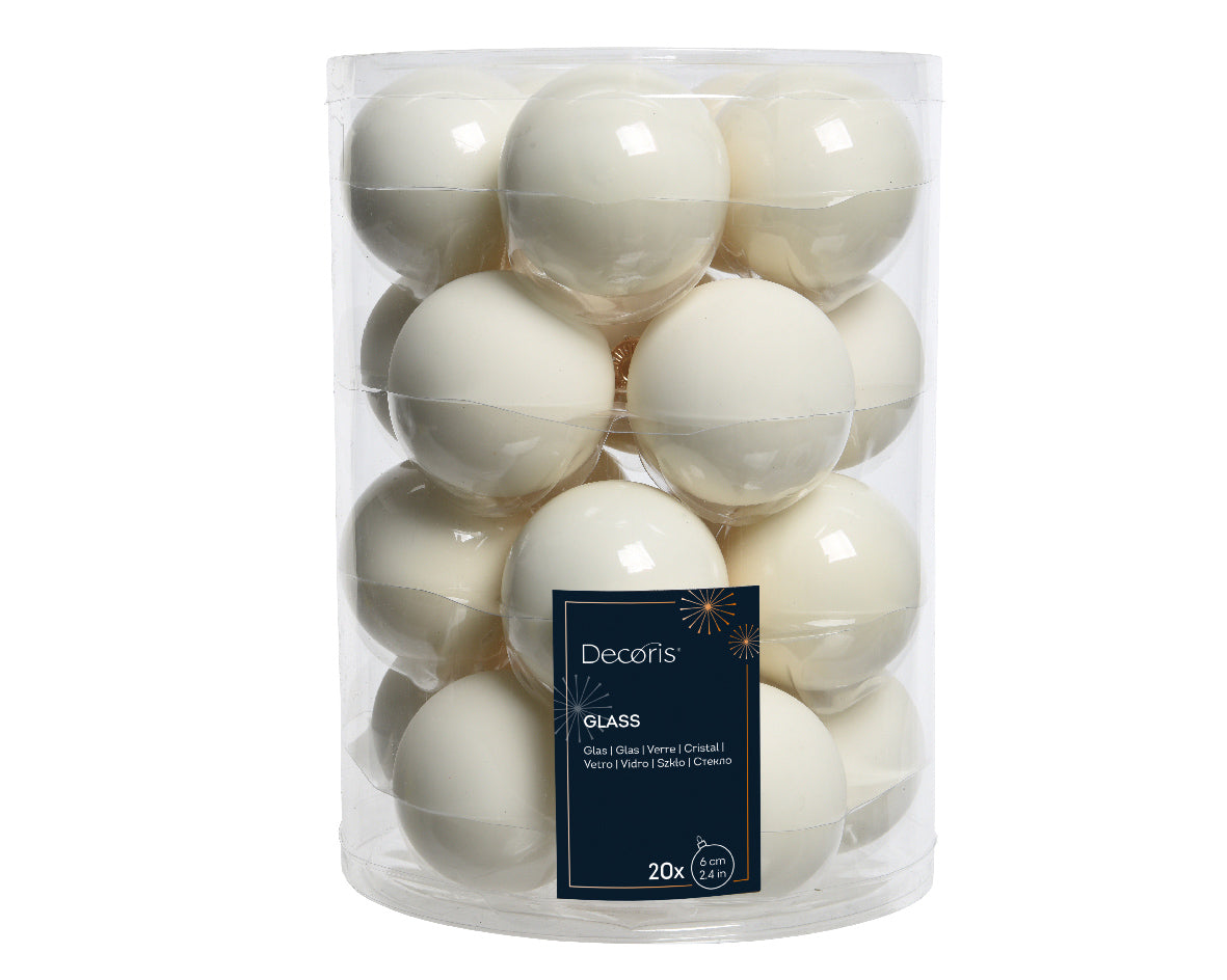 Wool White Glass Baubles Shiny & Matte 6cm - Tube of 20