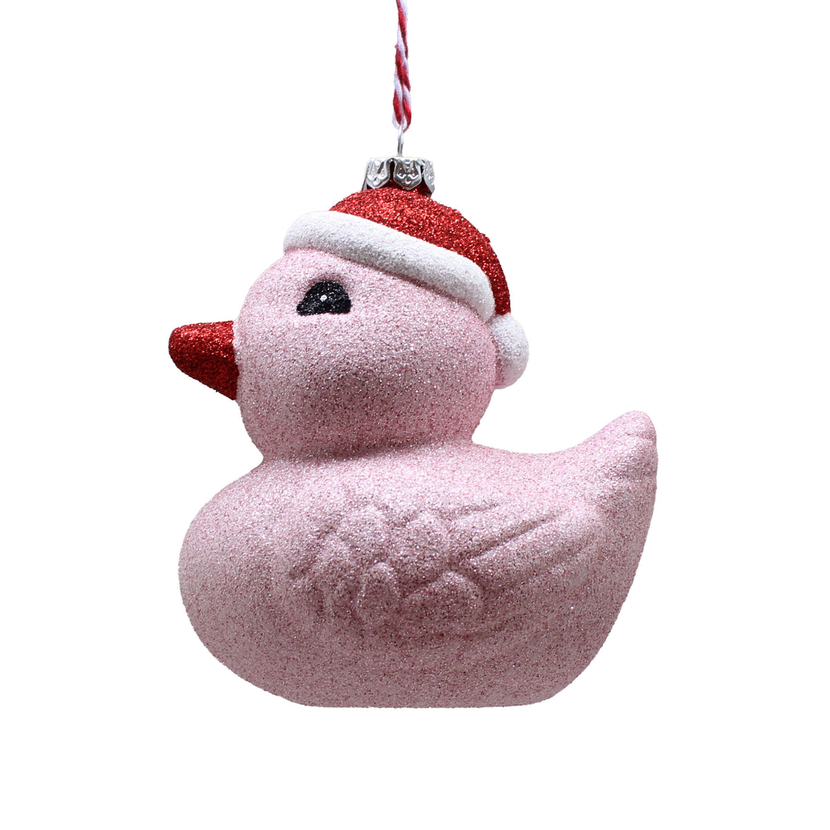 Hanging Pink Glitter Duck With Red Santa Hat Christmas Bauble