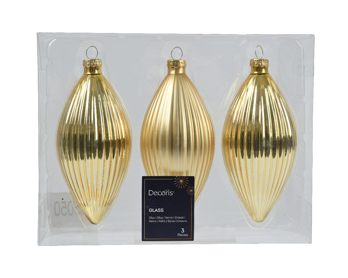 Light Gold Matt Olive Ribbed Glass Baubles - Pack of 3