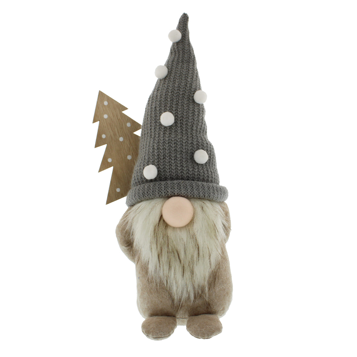Fabric Gonk with Grey Knit Hat and Wooden Tree Christmas Ornament