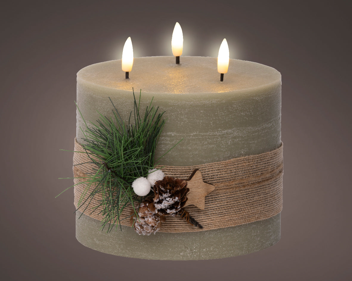 Light Up Green Wax 3 Wick Candle with Pinecones - 15cm