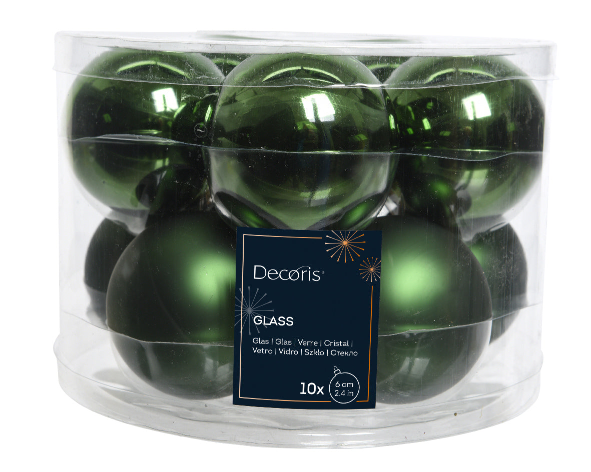 Pine Green Shiny and Matt Mix 6cm Glass Baubles - Tube of 10