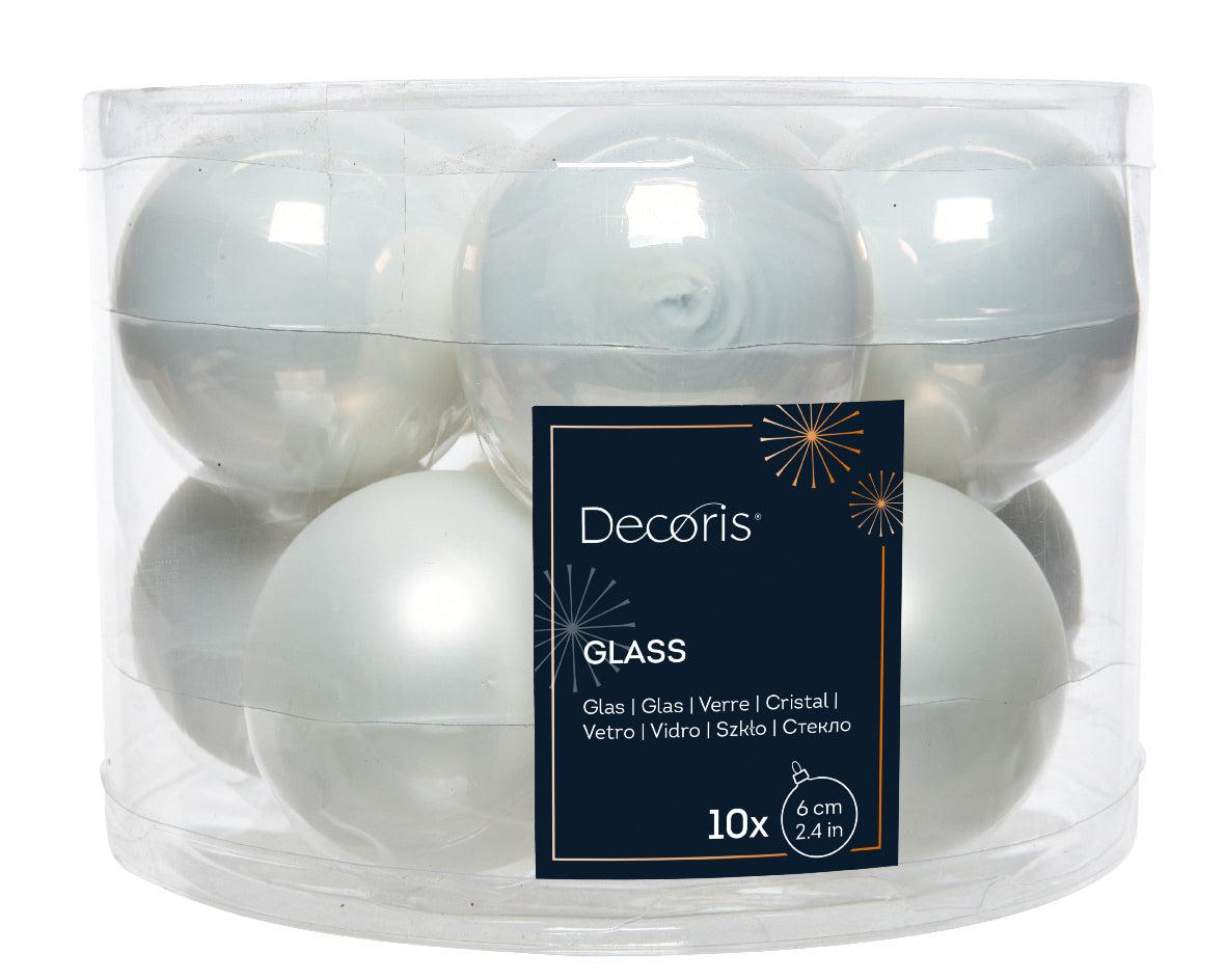 Winter White Mixed 6cm Glass Baubles - Tube of 10